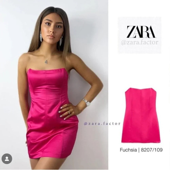 Zara Fuchsia Satin Effect Mini Dress  Strapless Pink Blogger Fav Size Small - Picture 2 of 12